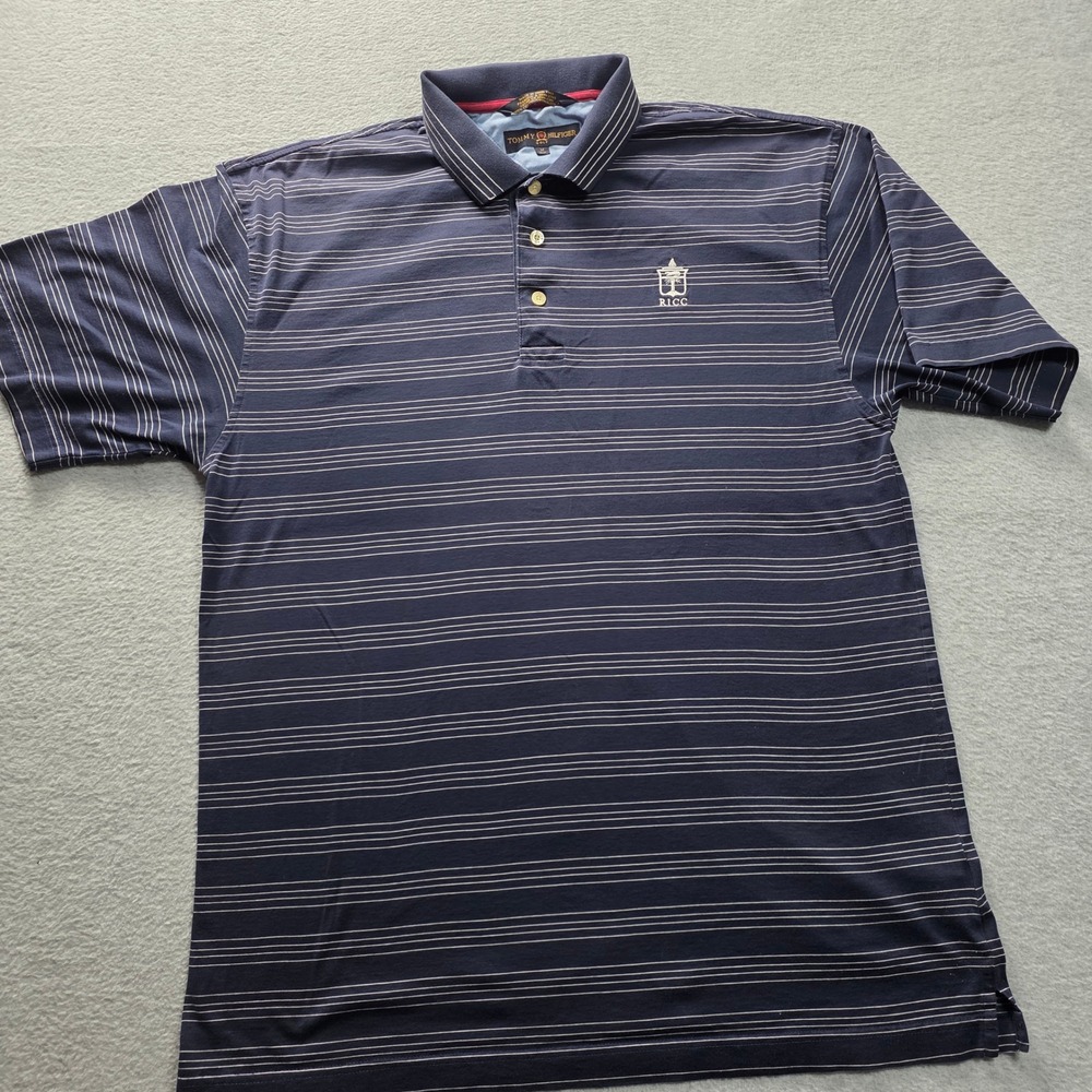 Tommy Hilfiger Golf‎ Mens Polo Shirt Medium Navy Blue Striped Cotton RICC Logo